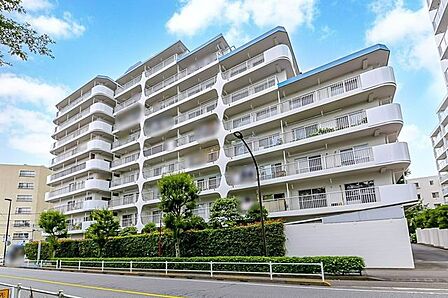 白を基調とした外観。植栽が整えられ、落ち着いた雰囲気のマンションです。