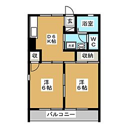 セジュール東和田B棟 2DKの間取図画像