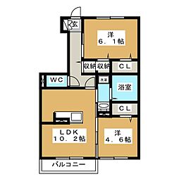 パーシモン三本柳 2LDKの間取図画像