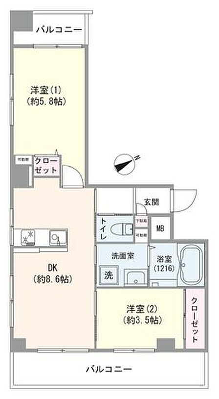 【間取図】2DK/43.11m2/3方角部屋