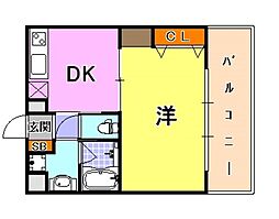 プレジール三ノ宮 1DKの間取図画像