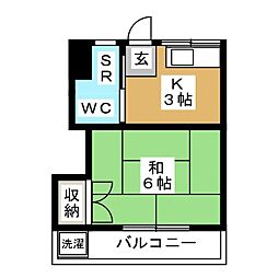 北川ハイツ 4階1Kの間取り