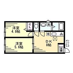 シュガーハイム 2DKの間取図画像