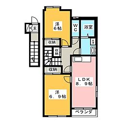 サンタプレイス 2階2DKの間取り