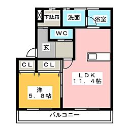 パークウエスト上社 1LDKの間取図画像