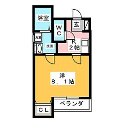 クレフラスト新守山Ｂ棟 1階1Kの間取り
