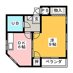 サンハイツつるはA棟 1DKの間取図画像