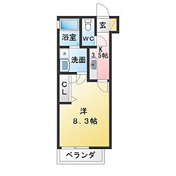 リブレア白竜A棟 1Kの間取図画像