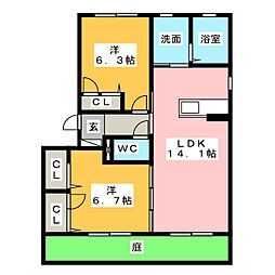 プルナス上高畑A棟 2LDKの間取図画像