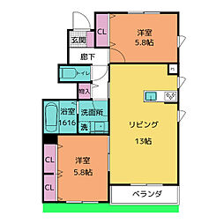 ロゼ植田 2LDKの間取図画像