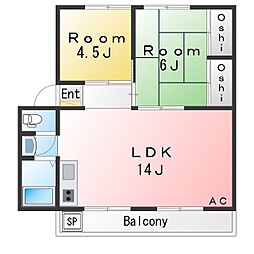 第1大友ハイツ 2LDKの間取図画像