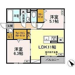 GRAND　D-ROOM　花園 2階2LDKの間取り