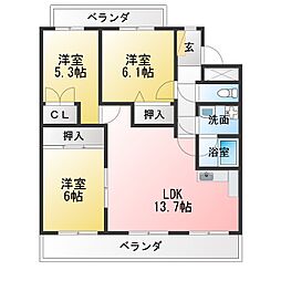 サンモールII 3階3LDKの間取り