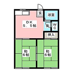 新田ハイツB棟 2DKの間取図画像