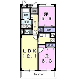 サンリッツ高宮B 2LDKの間取図画像
