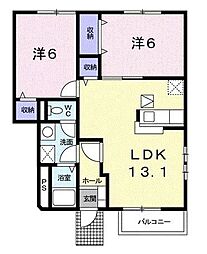 ハピネスＫＩＲＡＲＡ　Ｂ 1階2LDKの間取り