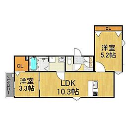 LECOCON蟹江II 2階2LDKの間取り