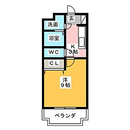 SunRise一番館 1Kの間取図画像