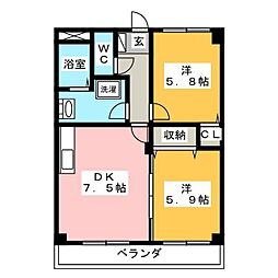 セントラルハイツ野瀬ウエスト 2DKの間取図画像
