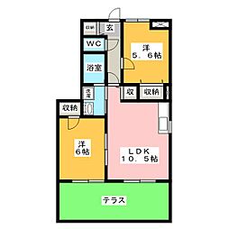 プラーノ川瀬B 2LDKの間取図画像