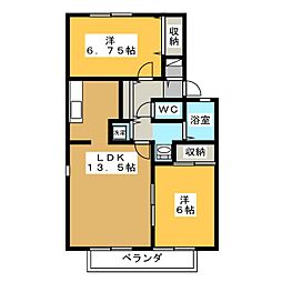 ハイカムール林B棟 2LDKの間取図画像