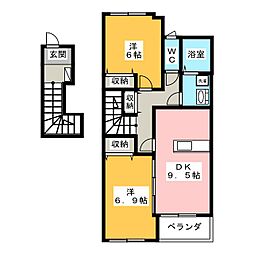 サンシャイン稲里　北棟 2階2DKの間取り