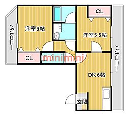 シティーハイツ高槻 2DKの間取図画像