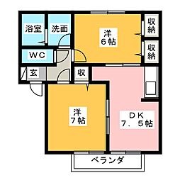 プレミール・ポヌールF棟 2DKの間取図画像