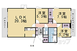 京都市営烏丸線 北大路駅 徒歩6分の賃貸マンション 2階3LDKの間取り
