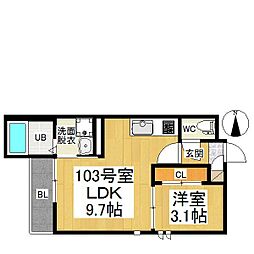 グランティック中杉町 1LDKの間取図画像