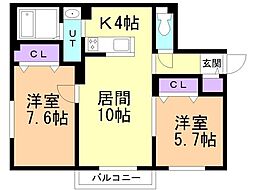 JR函館本線 白石駅 徒歩17分の賃貸マンション 4階2LDKの間取り