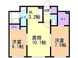 グランメール美園1条 2LDKの間取図画像