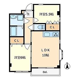 JR南武線 矢川駅 徒歩12分の賃貸マンション 2階2LDKの間取り