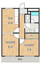 第5サンライフ瀬田 2DKの間取図画像