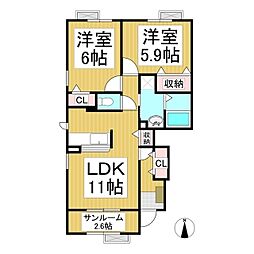 ナチュラルグリーンB 2LDKの間取図画像