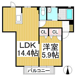 モン・プラースA 1LDKの間取図画像