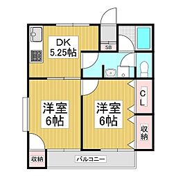 ヴィラ石芝 2DKの間取図画像