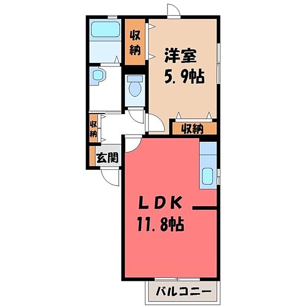 レザムルーズ Ｂ ｜栃木県栃木市沼和田町(賃貸アパート1LDK・2階・44.70㎡)の写真 その2