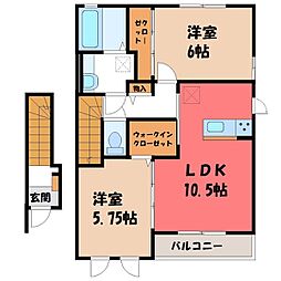 JR水戸線 小田林駅 徒歩27分の賃貸アパート 2階2LDKの間取り