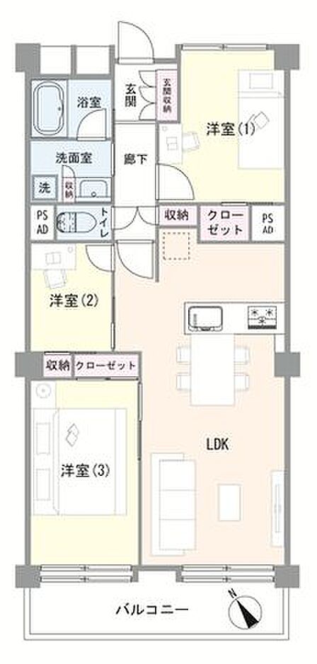 ※家具の配置はイメージです。なお、家具等は価格に含まれません。※LDKと洋室(2)の境は、ウォールドアを採用しております。格納すると一体の空間として利用可能です。