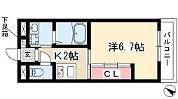 リシュドール伝馬 1Kの間取図画像