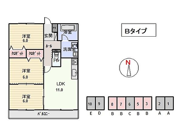 竹屋台ハウス3 3307｜群馬県太田市新井町(賃貸マンション3LDK・3階・66.24㎡)の写真 その2