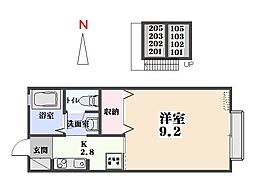 パピヨンコート 1Kの間取図画像