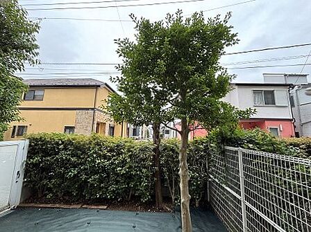周囲の緑が穏やかな視線を遮り、プライベートな時間を守る落ち着いた庭先の風景です。