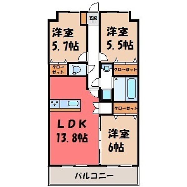 栃木県宇都宮市一の沢2丁目(賃貸マンション3LDK・2階・71.05㎡)の写真 その2