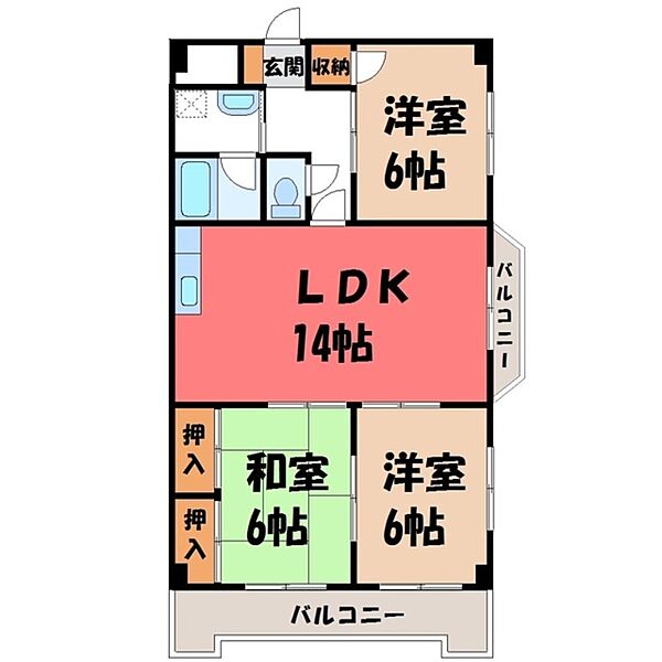 栃木県宇都宮市平松本町(賃貸マンション3LDK・5階・66.96㎡)の写真 その2