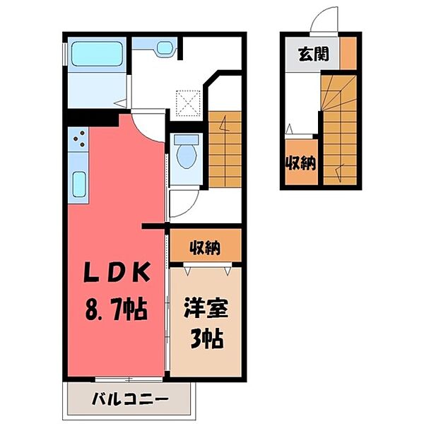 栃木県宇都宮市鶴田町(賃貸アパート1LDK・2階・40.71㎡)の写真 その2