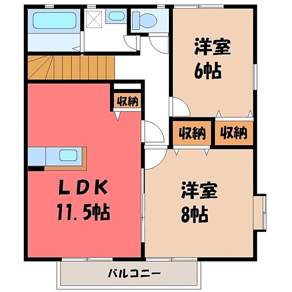 栃木県宇都宮市簗瀬4丁目(賃貸アパート2LDK・2階・61.38㎡)の写真 その2