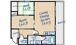 スカイホーム瀬川 2DKの間取図画像