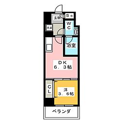 ドゥーエ二子新地 4階1DKの間取り